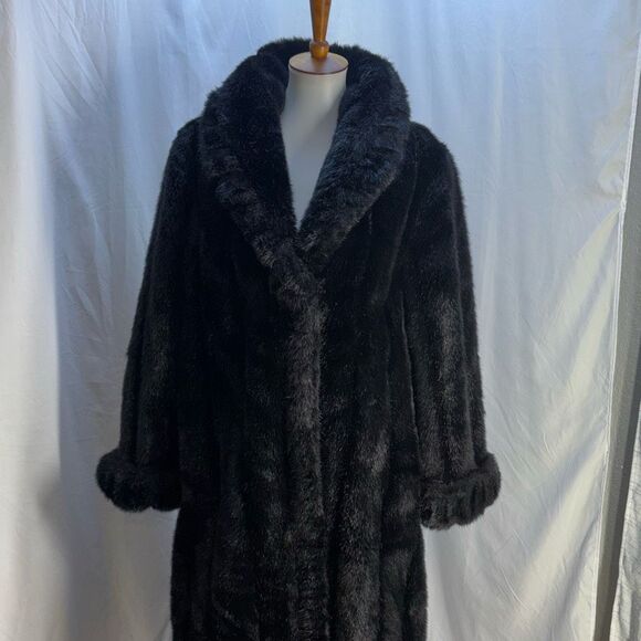 Terry Lewis full length black faux fur mink coat/jacket mob wife Sz M - Picture 1 of 8